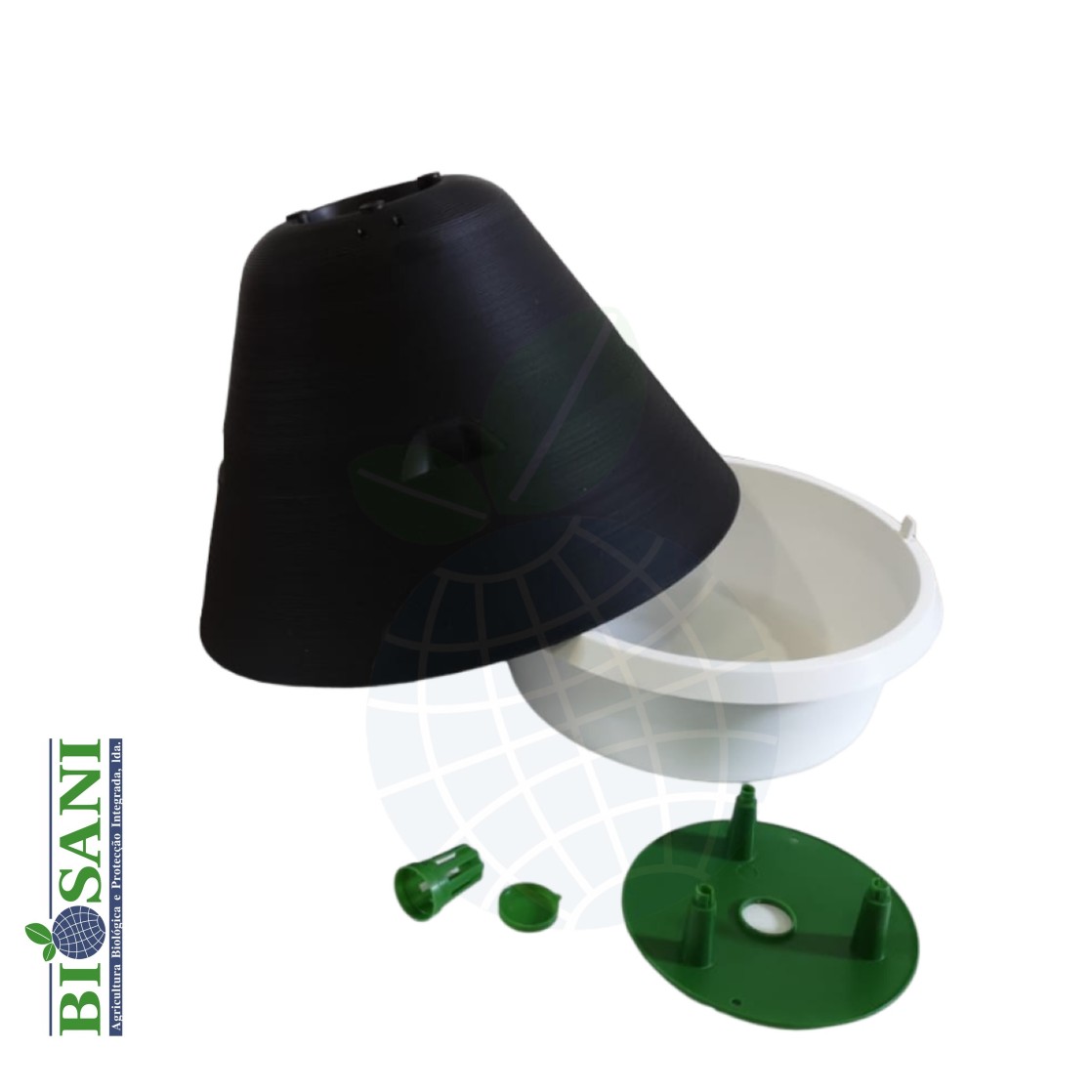 Components of the black plastic trap with green cap for capturing Rhynchophorus ferrugineus, which attacks palm trees