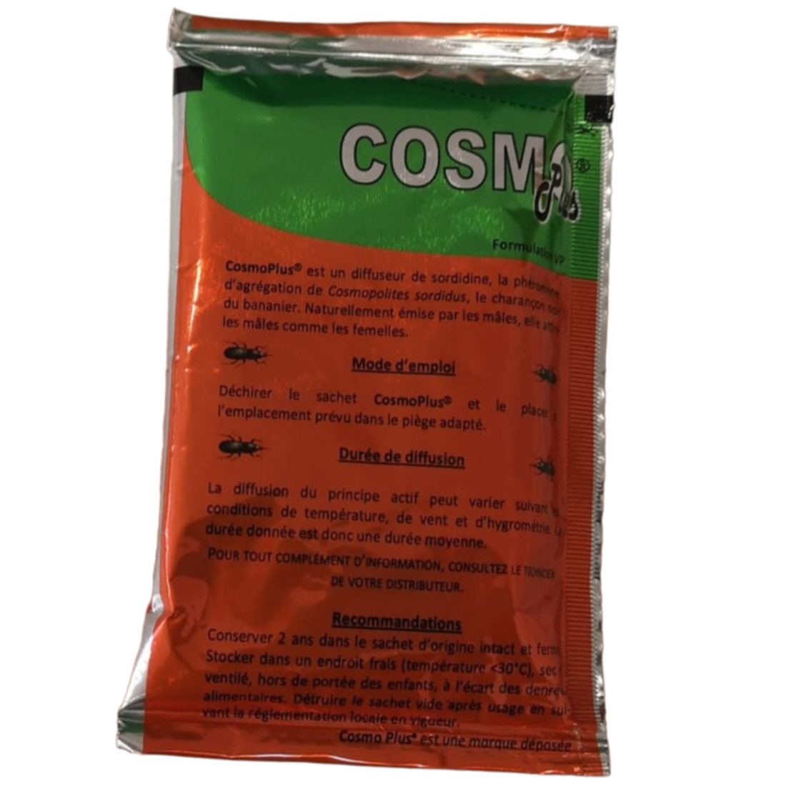 Imagem embalagem verde e laranja do atrativo COSMOplus® - Verso