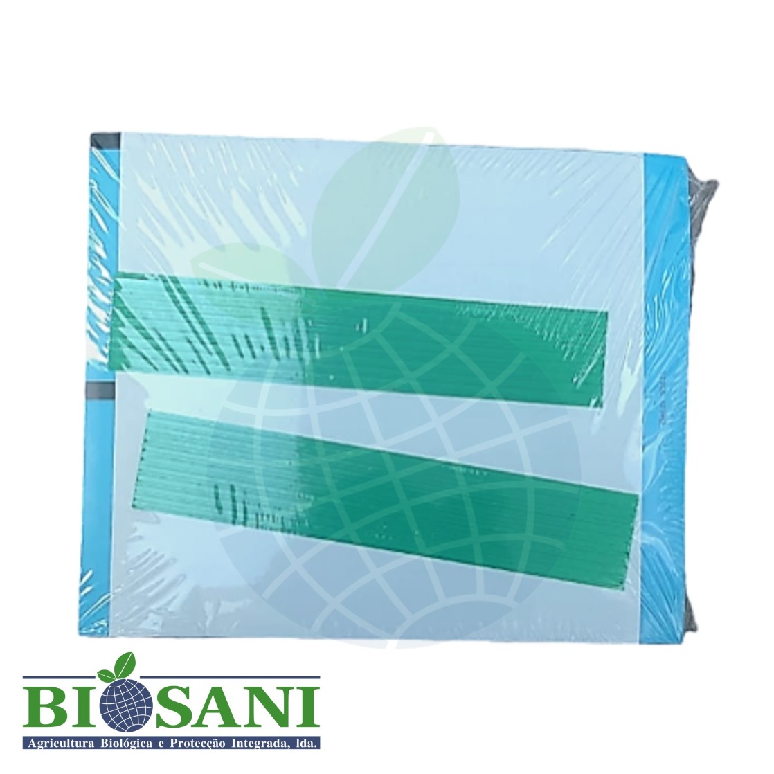 Reverso da embalagem contendo 20 placas cromotrópicas azuis cada com 20 x 25 cm e 20 fios metálicos revertidos de plástico verde para suspensão