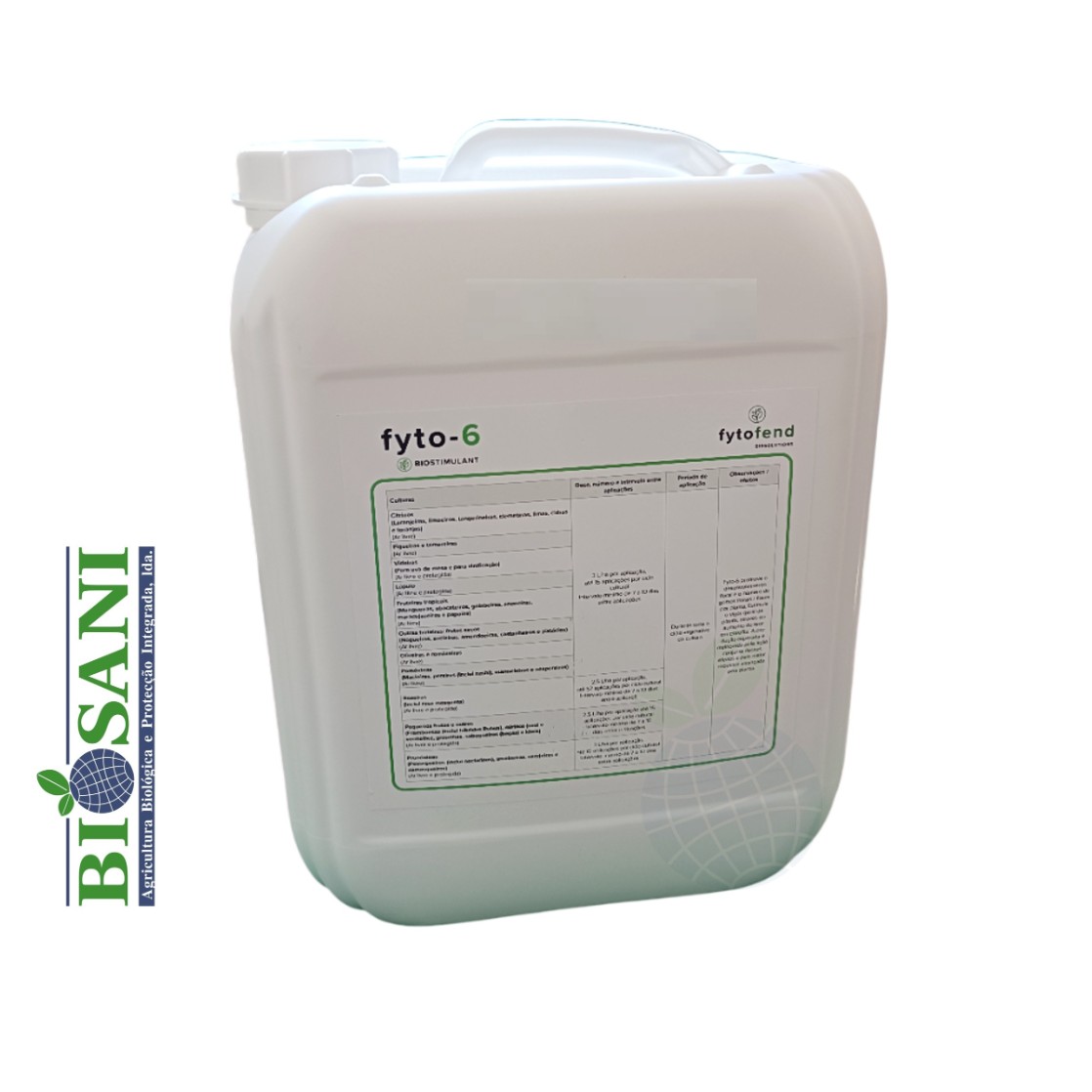 Imagem da posterior da embalagem plástica branca de 10 L com rótulo do produto biofertilizante Fyto-6®
