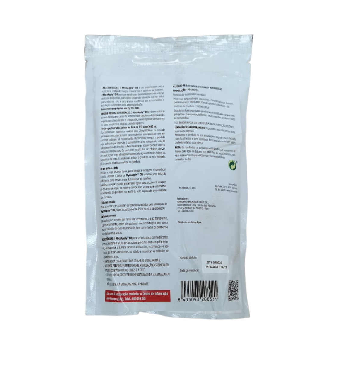 Image of the sealed white film packaging with descriptive back label of the MycoApply® DR product (500 g)