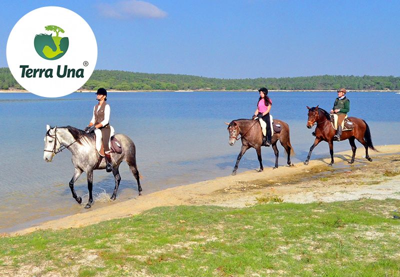 Terra Una Imagem de três cavaleiros montando cavalos junto à água com o simbolo do projeto Terra Una no canto superior esquerdo